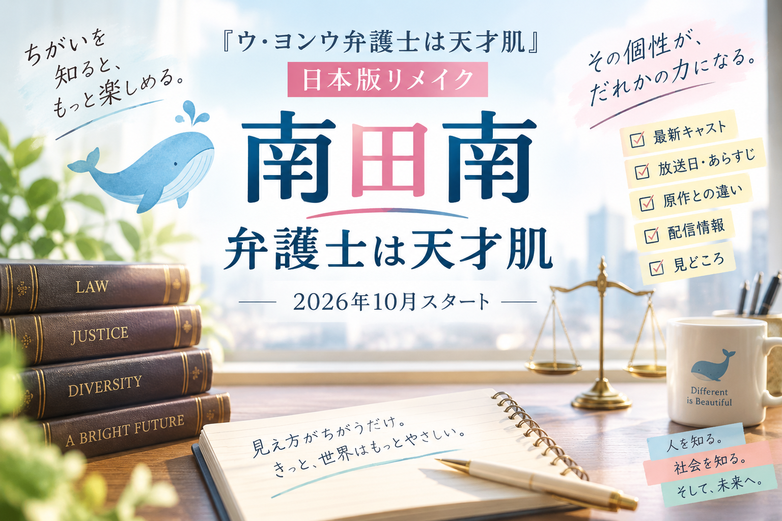 『ウ・ヨンウ弁護士は天才肌』日本版リメイク『南田南弁護士は天才肌』のキャスト・放送日・原作との違いを紹介するアイキャッチ画像
